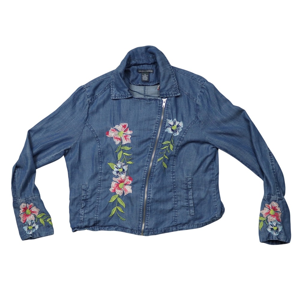 Chelsea & Theodore Light Blue Denim Floral Embroidered Moto Zip Jacket Size 10